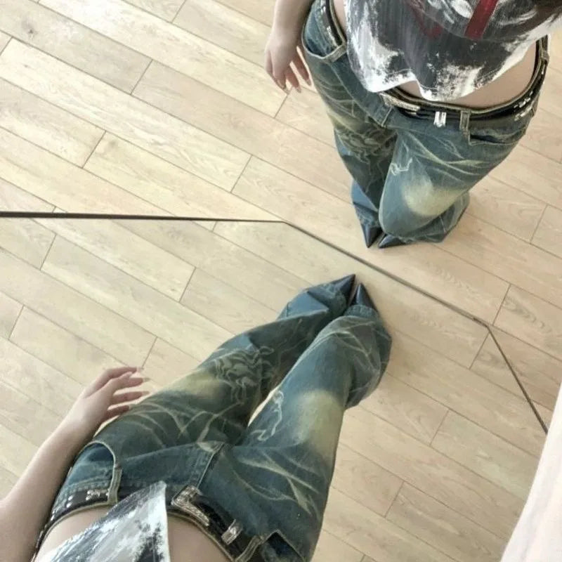 American Style Y2k Retro Flared Jeans For Women Fashion Tie Dye Straight Wide Leg Pants Distressed Hot Girl Casual Mopping Pants