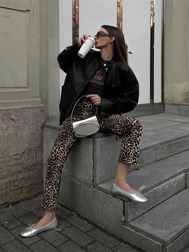 Vintage Leopard Print Pencil Pants For Women Fashion Casual High Waist Buttons Pant Autumn New Lady High Street Commute Trousers