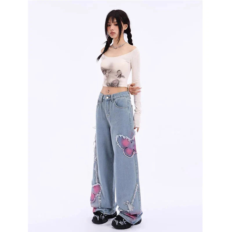 Blue Butterfly Mop Baggy Jeans Women's Vintage 90s Aesthetic Clothes Y2k Denim Trousers 2000s Harajuku Wide Leg Pants Female