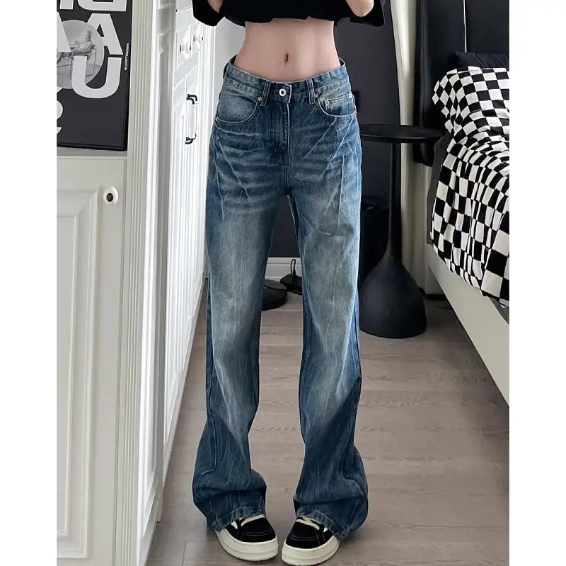 American Retro Lightning Crack High Waist Jeans for Women Fashion Street Straight Wide-leg Pants Solid Color Loose Trousers