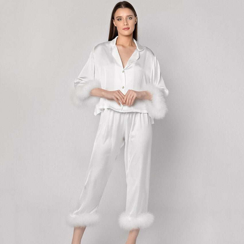 2023 Summer Feather Fashion Ladies Pajamas Nine Points Sleeve Pants Two Piece Silk Homewear Women