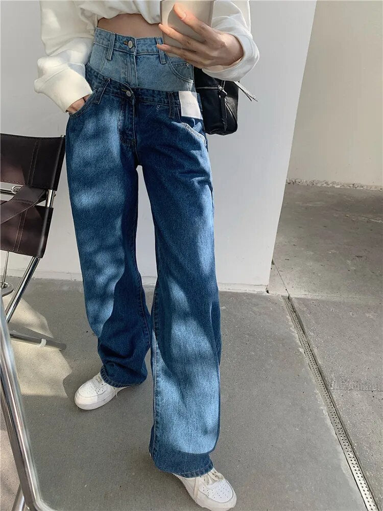 Stylish Fake Two Piece Jeans Women Patchwork Daddy Pants Female Baggy Jeans American Fashion Vintage Denim Pants Trousers Street