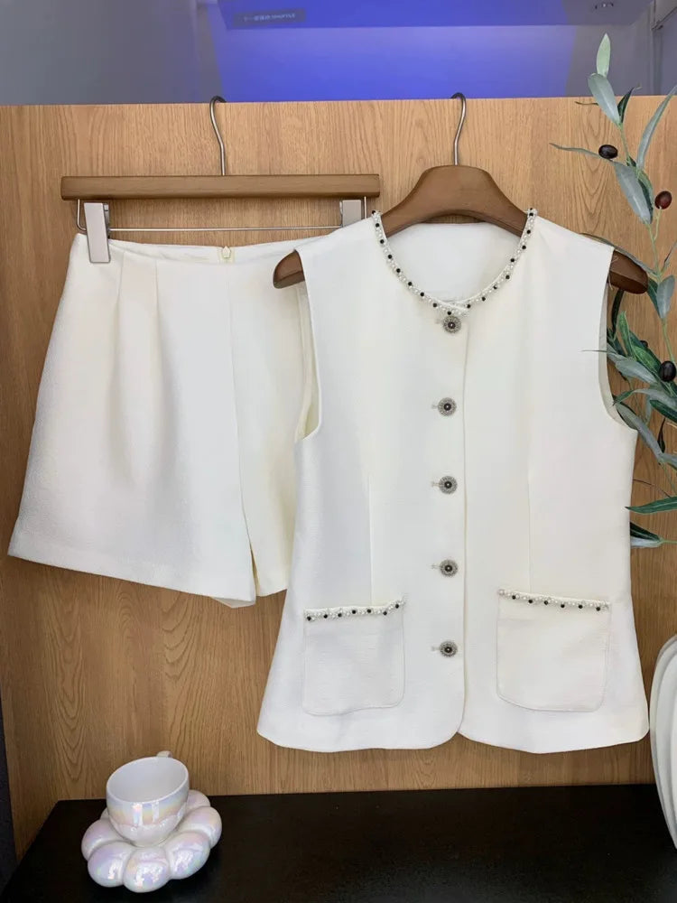 High Quality French Small Fragrance Two Piece Set Women Summer Blazer Vest + Short Suits Elegant Fashion OL 2 Piece Pant Sets