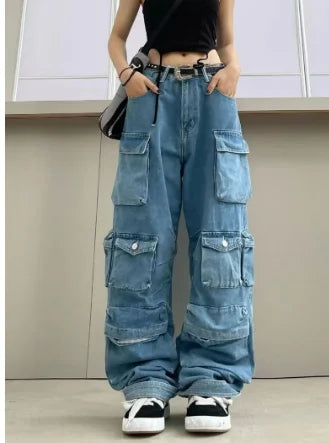 Heavy Duty Multi-pocket High Waist Cargo Pants Women American Retro Fashion Baggy Jeans Women Harajuku Hip-hop Wide-leg Jeans