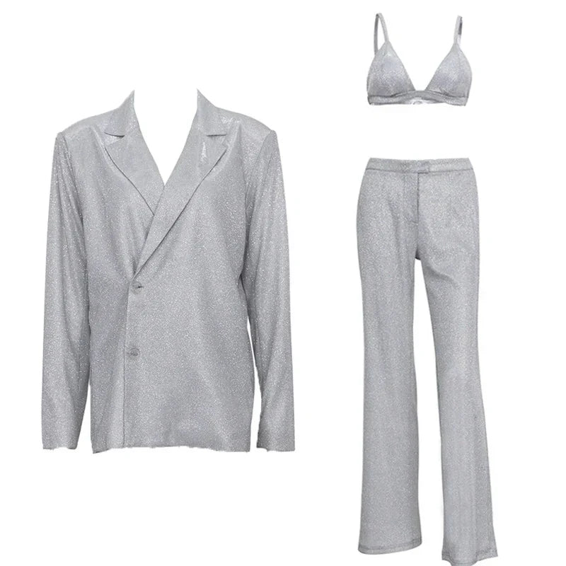 Party Sliver Glitter Three Piece Blazer Sets For Women Fashion Clubwear Sparkly Bra And Pants 2 Piece Mathcing Set New