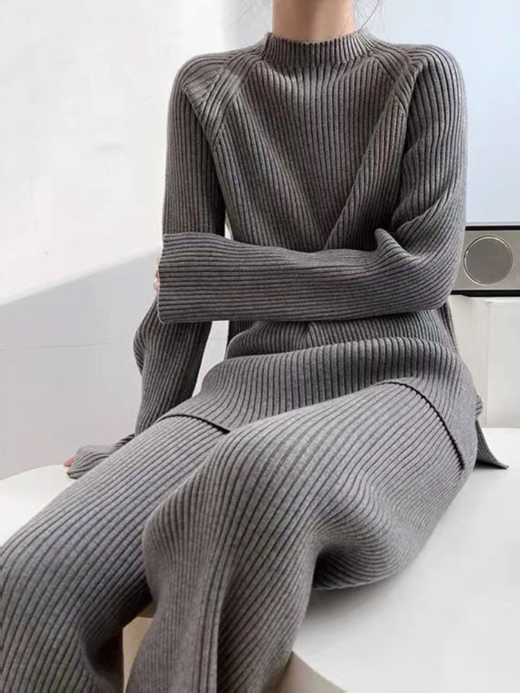 Solid Long Sleeve  Knitted Casual 2-piece Sweater Loose Fitting Sweater Wide Leg Pants Set Women Fall Outfit 2023