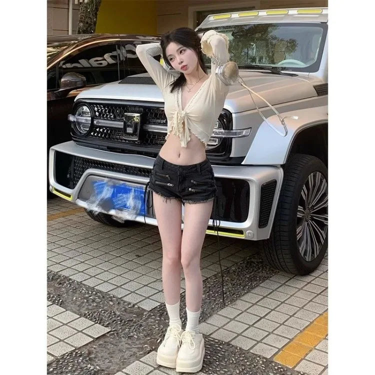 American Street Black Gray Zipper Denim Shorts Women 2024 Summer New Hot Pants Y2k E-Girl All-match Lace Up Ropa Mujer