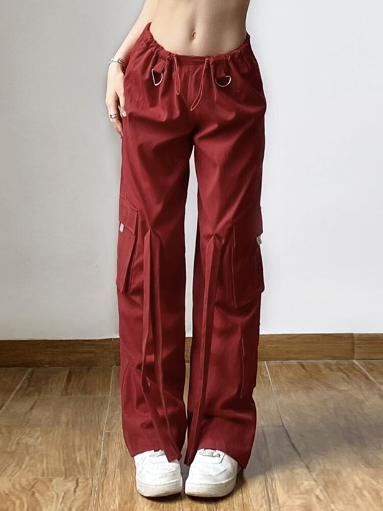 Women Vintage Red High Street Cargo Pants Mid Waist Tether Casual Streetwear Straight Trousers Baggy Pants Ladies Summer