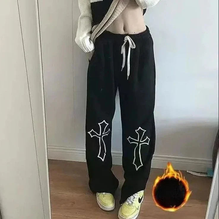 Black Vintage Women's Sweatpants Fleeced Y2k Harajuku Casual Brushed Pants Korean Streetwear Fashion Baggy Trousers Winter