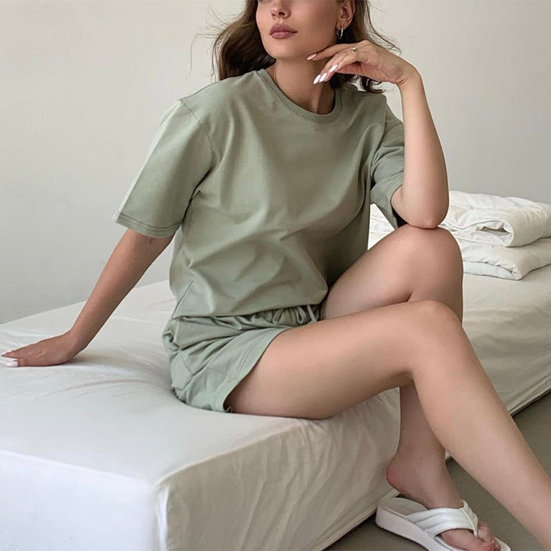 Back to college  Summer 100% Cotton Sets Women New Casual Loose Two Pieces Short Sleeve T Shirts And High Waist Short Pants Suits