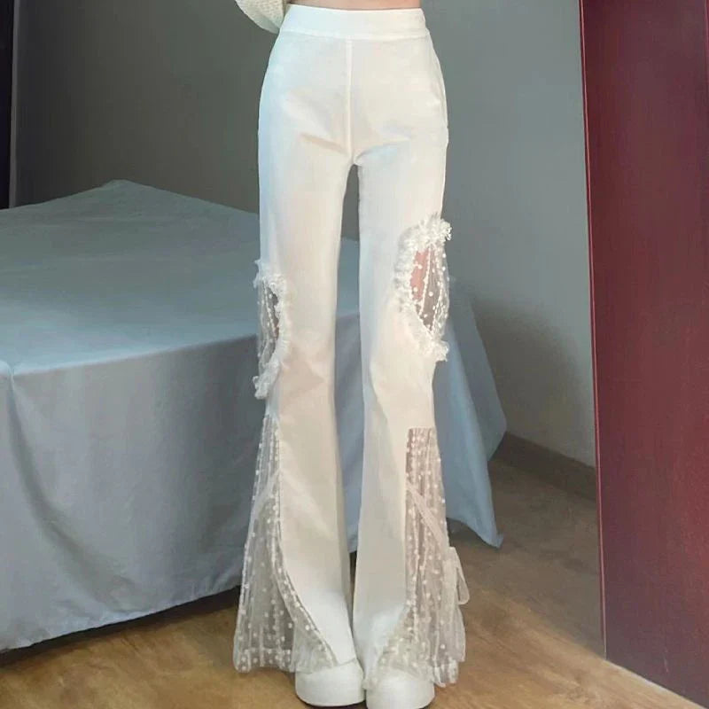 Japan Patchwork Lace Women Pants High Waist Mesh Summer White Designed Hollow Out Female Flare trousers