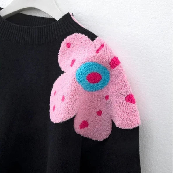 Reese Flower Applique Puff Sleeve Sweater