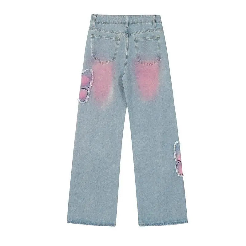 Blue Butterfly Mop Baggy Jeans Women's Vintage 90s Aesthetic Clothes Y2k Denim Trousers 2000s Harajuku Wide Leg Pants Female