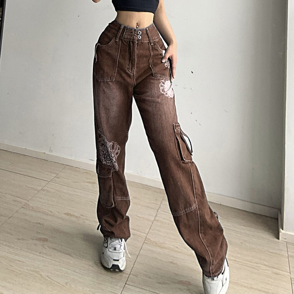 Retro Graphic Print Y2K Baggy Jeans Grunge High Waist Cargo Denim Trousers Streetwear Casual Sweatpants Pantalon Pour Femme