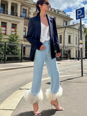 High Waisted Jeans For Women Feather Stitching Street Casual Slouchy Jeans Femme Summer Loose Blue Long Pants Woman