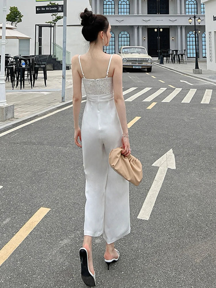 Spring Outfit Lace Splicing Jumpsuit Women 2024 Summer New Women's Suspender High Waist White Wide Leg Pants Elegant Evening Party Chic