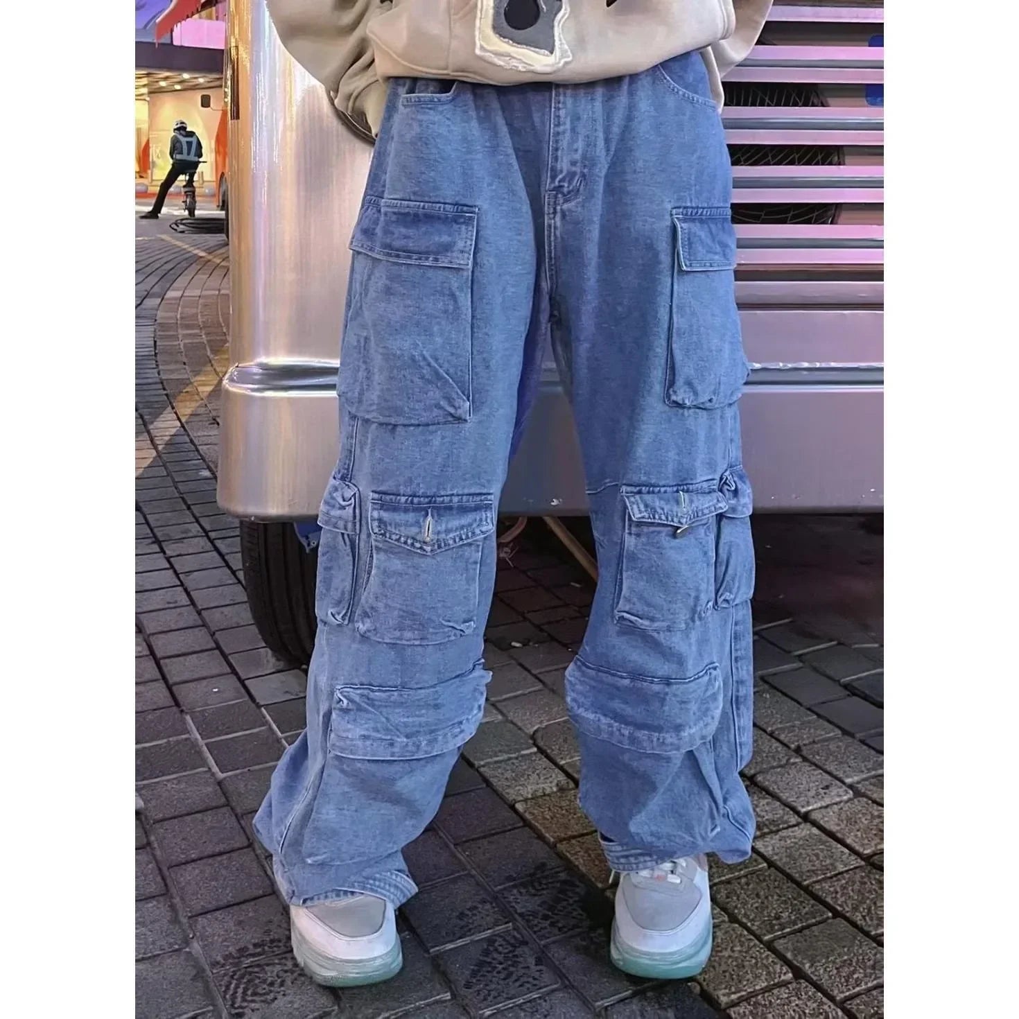 American Frayed Wash Multi-Pocket Cargo Jeans Women Retro Fashion Hot Girl Y2k Straight Leg Pants Street Loose Wide Leg Pants