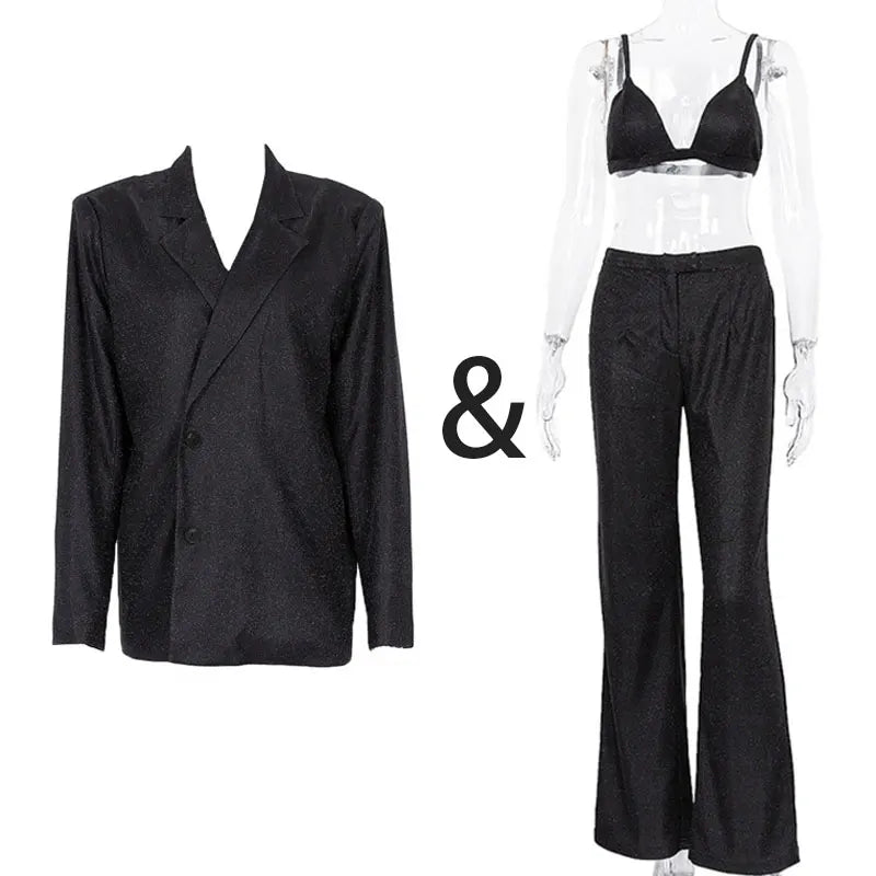Party Sliver Glitter Three Piece Blazer Sets For Women Fashion Clubwear Sparkly Bra And Pants 2 Piece Mathcing Set New