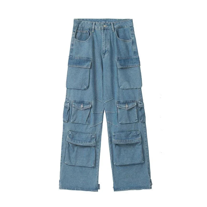 Multi-Pocket Blue Washed Cargo Pants Y2k Retro High Street Fashion High Waist Jeans Couple Harajuku Simple Casual Wide Leg Pants