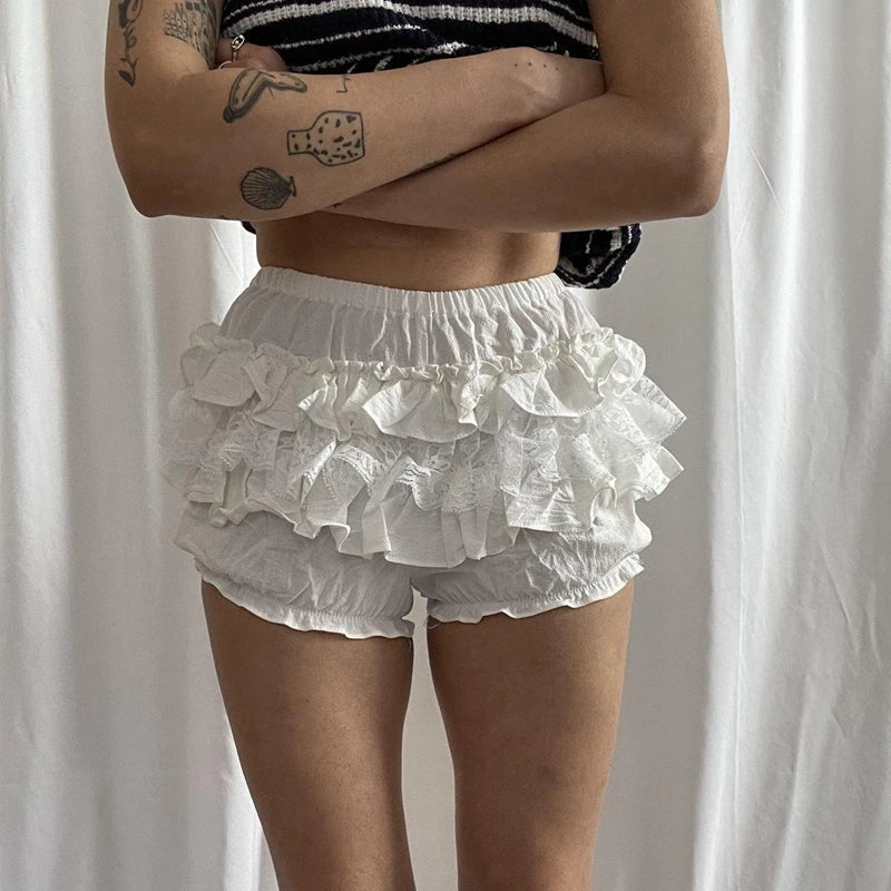 90s Vintage Lace Ruffles Multi-layers Shorts Cottage Fairy Y2K Bloomers Japanese Loungewear Retro Women Cutest Pumpkin Pants