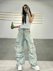 American Frayed Wash Multi-Pocket Cargo Jeans Women Retro Fashion Hot Girl Y2k Straight Leg Pants Street Loose Wide Leg Pants