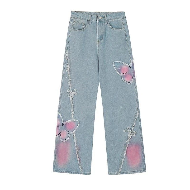 Blue Butterfly Mop Baggy Jeans Women's Vintage 90s Aesthetic Clothes Y2k Denim Trousers 2000s Harajuku Wide Leg Pants Female