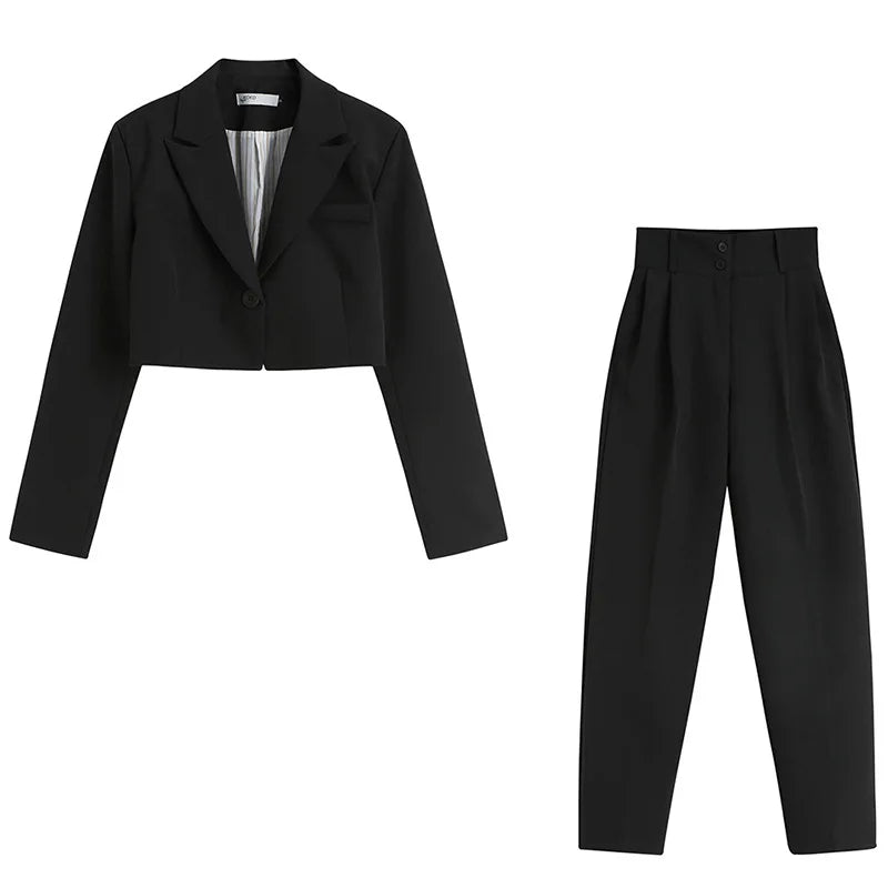Women Blazer And Pants Sets Autumn Black Crop Blazers Coats And Pencil Long Pants High Streetwear Business Suit Outfits