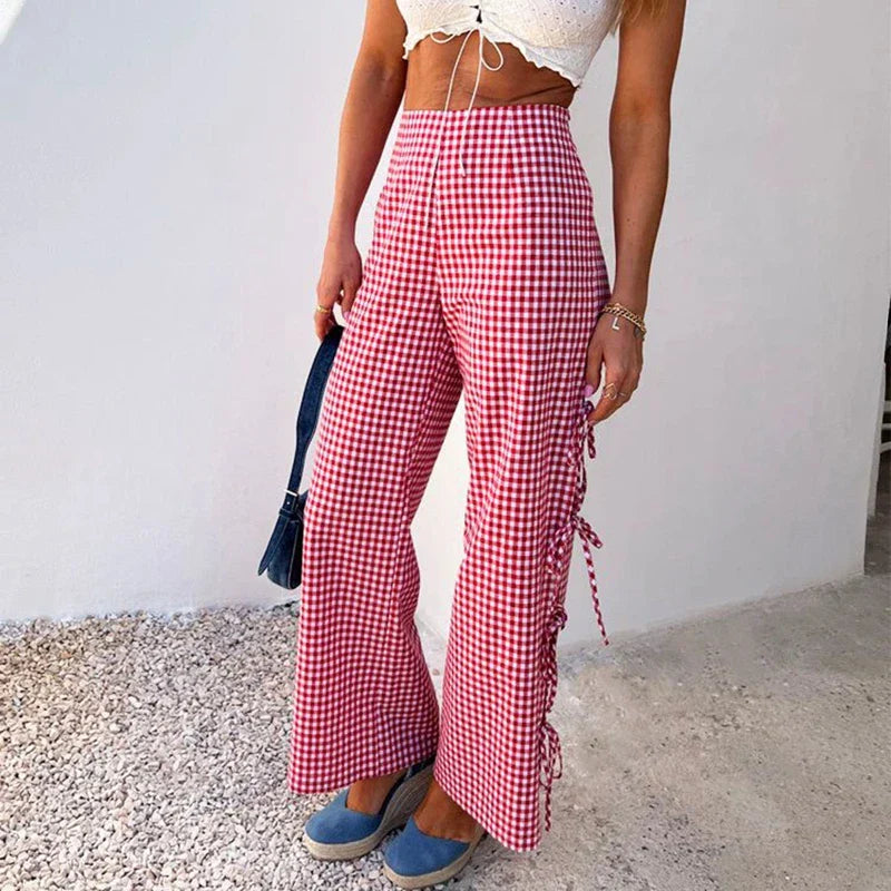 Kawaii Side Tie-Up Hollow-Out Loose Trousers Plaid Wide Leg Pants Casual Sweatpants Lounge Bottoms Y2K Vintage Pants Streetwear