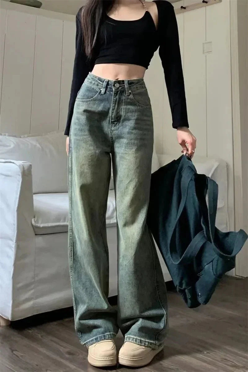 Y2K Baggy Casual Wide Leg Jeans Women Streetwear All-Match Washed Denim Trousers Female Vintage 90S High Waist Straight Pants