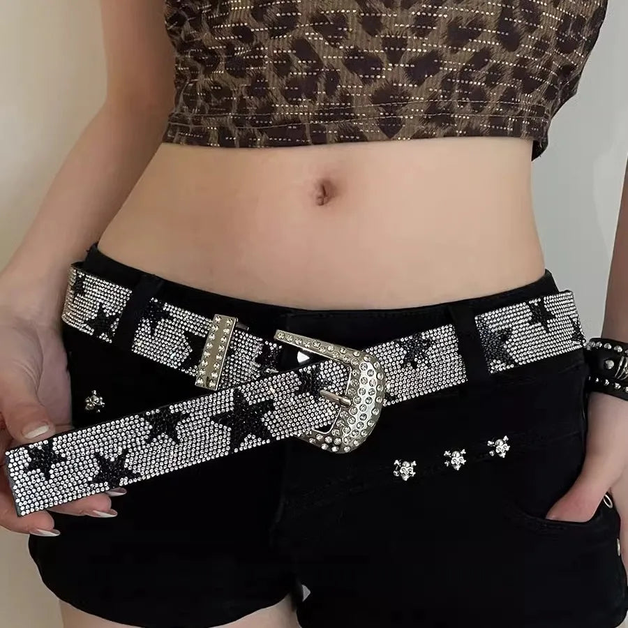 2024 Y2k Luxury Rhinestone Star Bling Sequin Women's Belt Punk Metal Buckle Belt Fashion Waistband Jeans Pants Party Belt