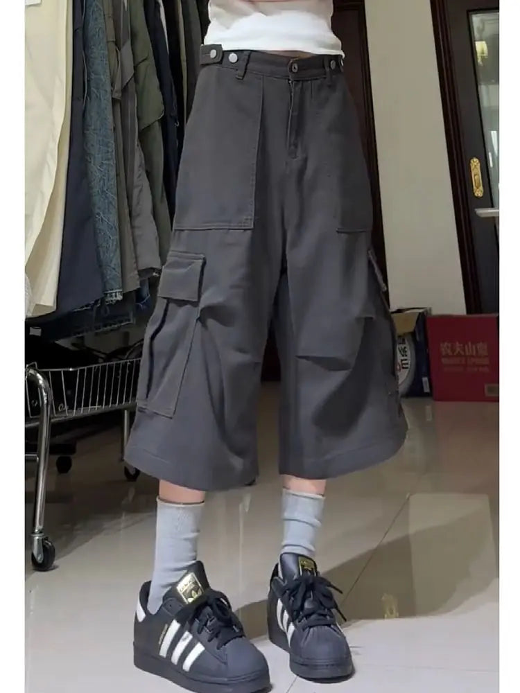 Oversize American High Street Retro Pocket Cargo Shorts 2024 Summer New Wide Leg Pants Y2k Loose Straight Calf- Length