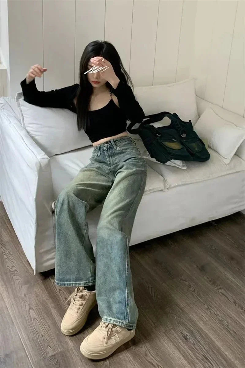 Y2K Baggy Casual Wide Leg Jeans Women Streetwear All-Match Washed Denim Trousers Female Vintage 90S High Waist Straight Pants