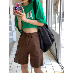 Back to school Brown High Waist Women Shorts Jeans Wide Leg Baggy Denim Shorts Summer Streetwear Five Points Trousers Straight Jean Short Pants