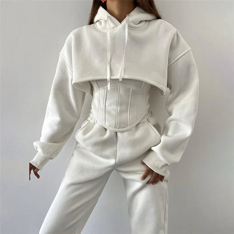 Lace Up Pants Sets Women Slim Solid Splice Tank Tops Woman Long Sleeve Short Hoodies And Pant Suits Women Outfits Winter