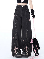 Studded Cross Punk High Waist Straight Jeans Stylish Design High Waisted Wide Leg Pants American Retro Hot Girl Y2k Trousers