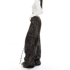 Multi-pocket Pleated Leopard Print Paratrooper Pants Fashion Streetwear Wide Leg Pants Cargo Pants Women Harajuku Style Trousers