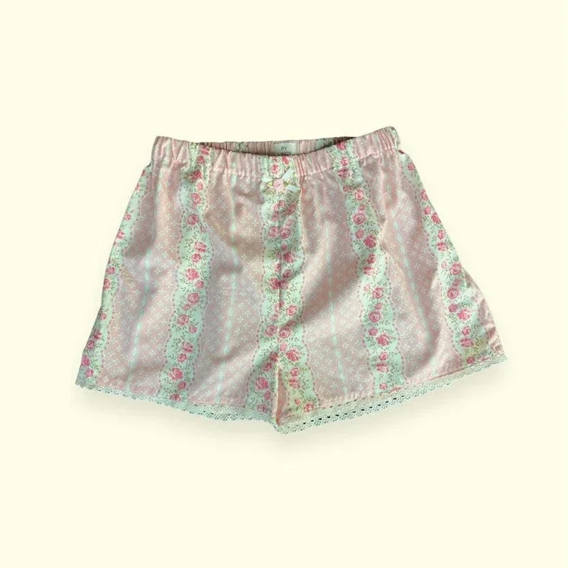 Y2K Print Elastic High Waist Wide Leg Boyshorts Pants Kawaii Lace Trim Shorts 00s Retro Streetwear Loungewear Pajamas Bottom