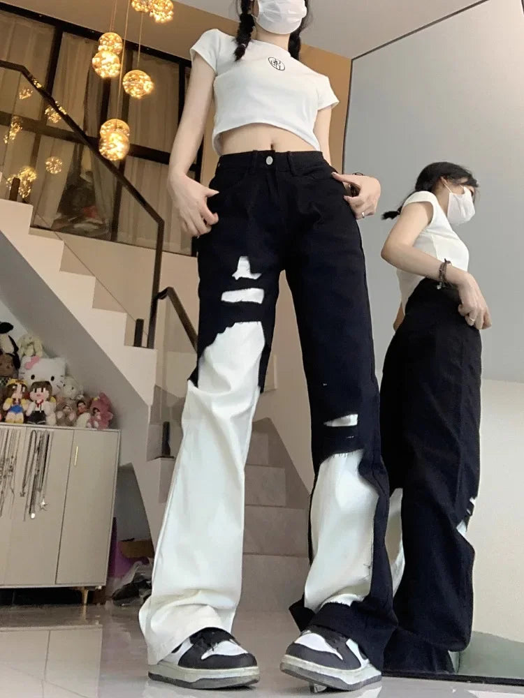 Trend Street Black White Denim Pants Women Y2k E-Girl High Waist Irregular Trousers Summer Loose Straight Wide Leg  Jeans