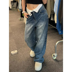 Women High Waist Loose Wide Leg  Korean Style Fashion Y2k Retro Street Casual Design Sense Straight Pockets Pants Baggy Jeans