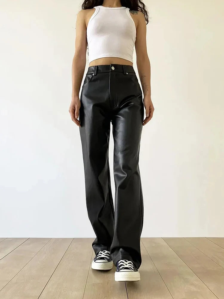 Vintage Women Pu Pants High Waist Black Faux Leather Loose Y2K Trousers Streetwear Female 90S Pants New