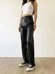 Vintage Women Pu Pants High Waist Black Faux Leather Loose Y2K Trousers Streetwear Female 90S Pants New