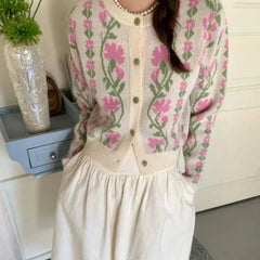 Mia Sweet Boho Floral Intarsia Cardigan