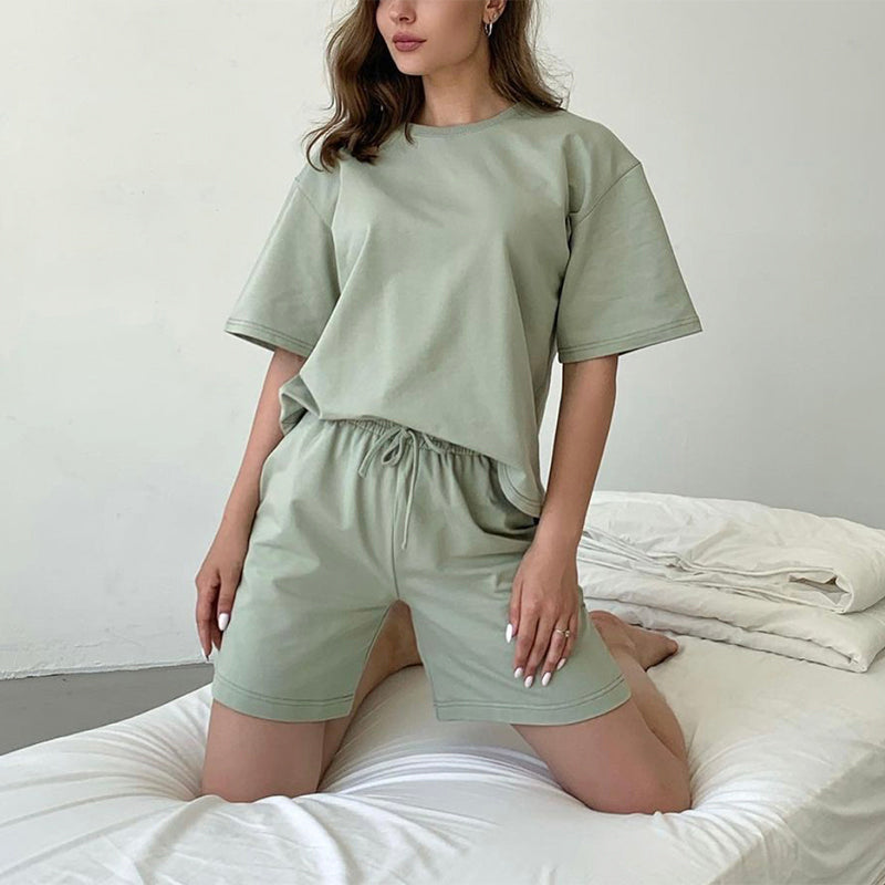 Back to college  Summer 100% Cotton Sets Women New Casual Loose Two Pieces Short Sleeve T Shirts And High Waist Short Pants Suits