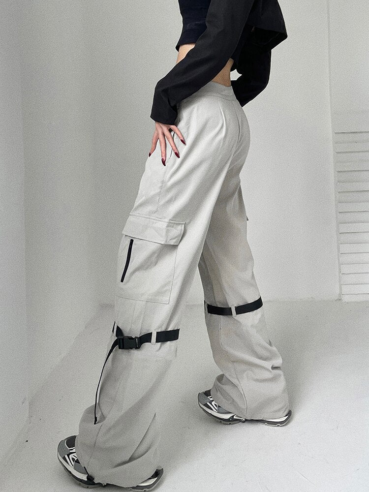 Fashion New Cargo Pants With Buckle Chic High Waist Light Grey Loose Sweatpants Harajuku Korean Joggers Techwear 2022