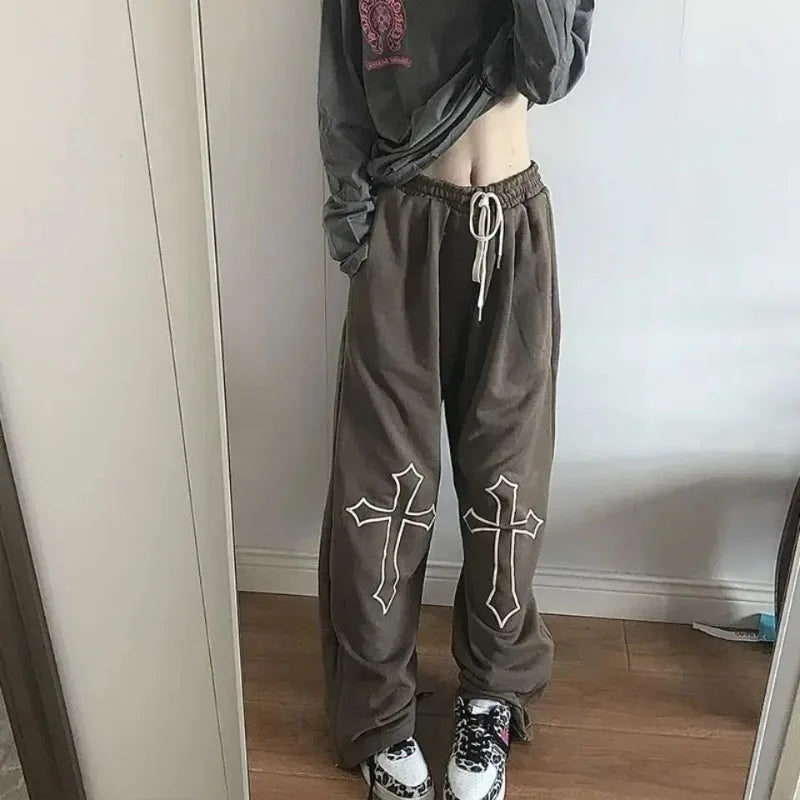 Black Vintage Women's Sweatpants Fleeced Y2k Harajuku Casual Brushed Pants Korean Streetwear Fashion Baggy Trousers Winter