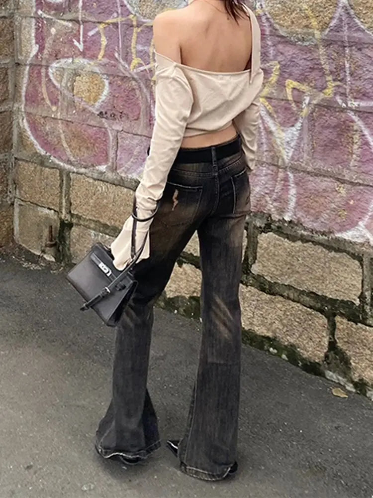 American Retro Low-rise Ruined Rivet Flared Jeans Fashionable Street Wide Leg Pants New Y2k Hot Girl Floor Mopping Pants