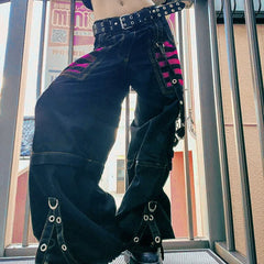 Gothic Punk Chain Bandage Wide Leg Pants 90s Baggy Pant Women Oversize Low Rise  Y2k Academic Pants Streetwear E-girl Style