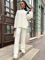 Autumn Knit Outfits Women Two Piece Sets Rib Loose Pullover And Wide Legs Pants Streetwear Sweater Suit Matching Sets