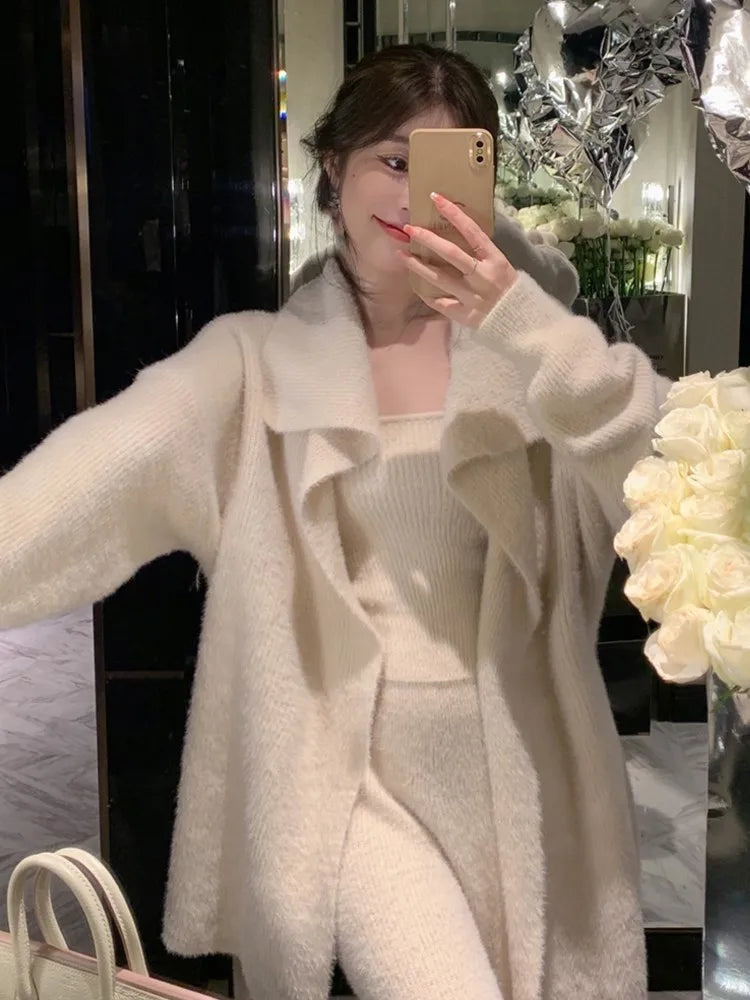 Winter Warm Solid Three-piece Suit Women Long Knitted Cardigan + Camisole + Wide Leg Pants Elegant Korean Chic Loose Outwear