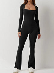 Barbotimer Women s Bodycon Jumpsuit Long Sleeve Square Neck Slim Fit Flared Pants Romper Fall Winter  Playsuit
